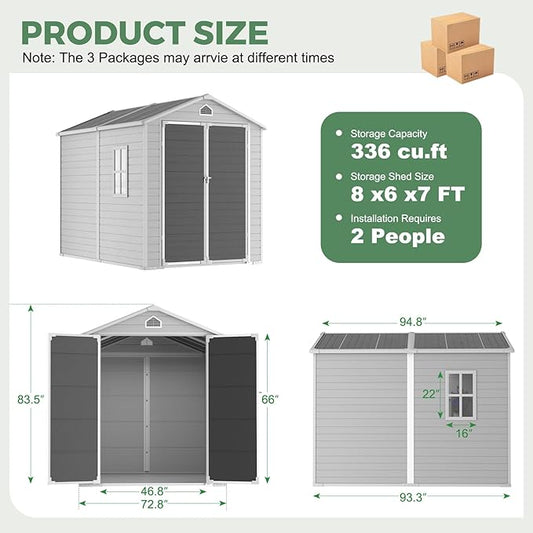 8X6 FT Resin Outdoor Storage Shed with Floor,Water Drainge Roof Plastic Sheds with Windows and Lockable Doors,Thickened Panel All-Weather Resistant Tool Storage Shed for Garden Backyard Patio, Grey