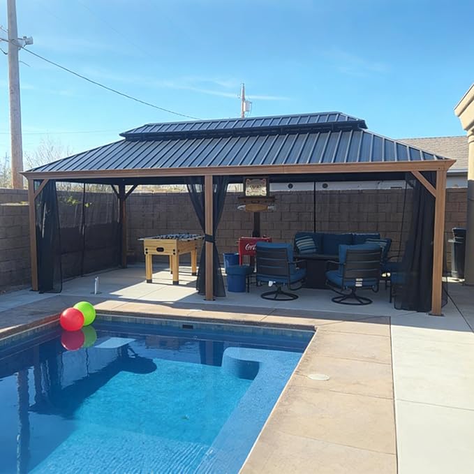 PURPLE LEAF 12' X 24' Outdoor Hardtop Gazebo for Patio Galvanized Steel Double Roof Permanent Canopy Teak Finish Coated Aluminum Frame Pavilion Gazebo with Netting