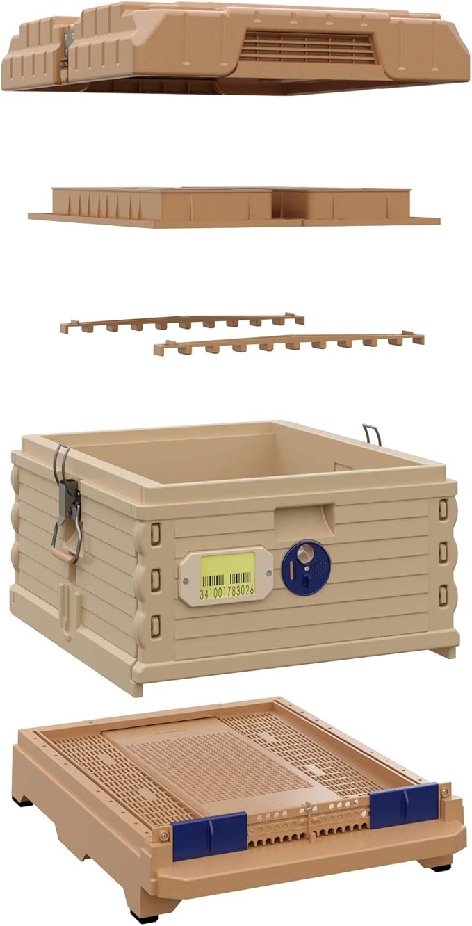 Apimaye Ergo Insulated 10 Frame Bee Hive Set [NO Frames Included] (Single Hive, Tan Body Blue Entrance)