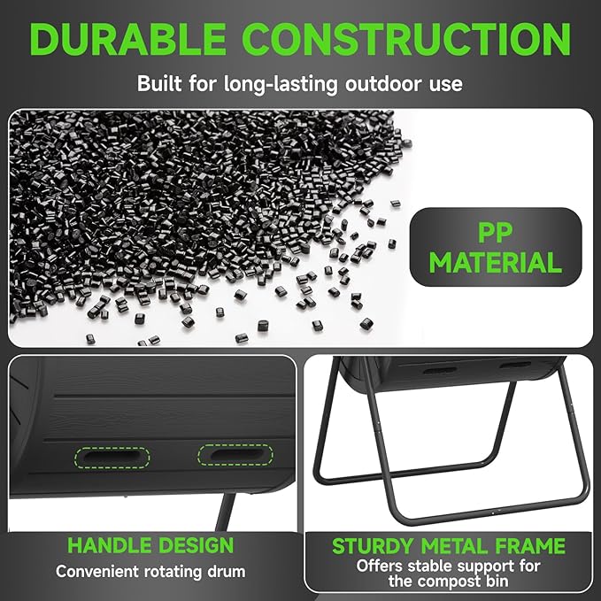 PatioZen Dual Chamber Tumbling Composter 45 Gallon Large Outdoor Tumbling Composter Efficient Batch Composting Easy Turn Design (Black 45Gal)