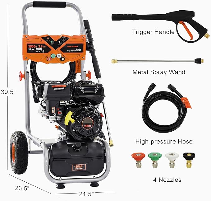 Ezasin Gas Pressure Washer 3500 PSI, 2.3 GPM Heavy Duty High Power Washer,209CC 7HP Engine with 25Ft Pressure Hose, Axial Aluminum Pump, Soap Tank, Spray Gun and Wand, 4 Quick Connect Nozzle (Orange)