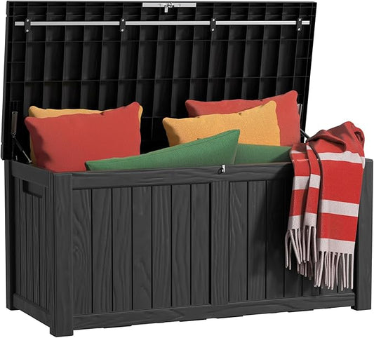 EasyUp 120 Gallon Outdoor Storage Box, Resin Waterproof UV-Resistant Deck Box with Hydraulic Lid Support, Reinforced Stability for Patio, Garden, and Poolside, Striped Black