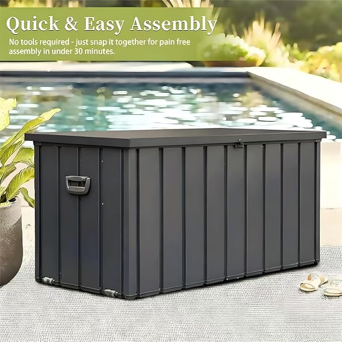 JOSHEN 200 Gallon Outdoor Storage Deck Box with Lockable and Mobile Roller,Large Steel Container Bin with Waterproof and UV Resistant for Garden,Patio,Dark Gray