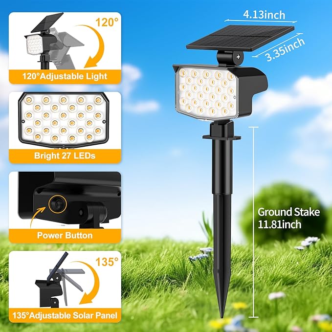 NACINIC Solar Spot Lights Outdoor Waterproof Adjustable Solar Powered Landscape Lights for Yard 3 Long Time Lighting Modes Spotlights for Pathway Garden Outside Wall Pool Porch- 10 Pack, Warm White