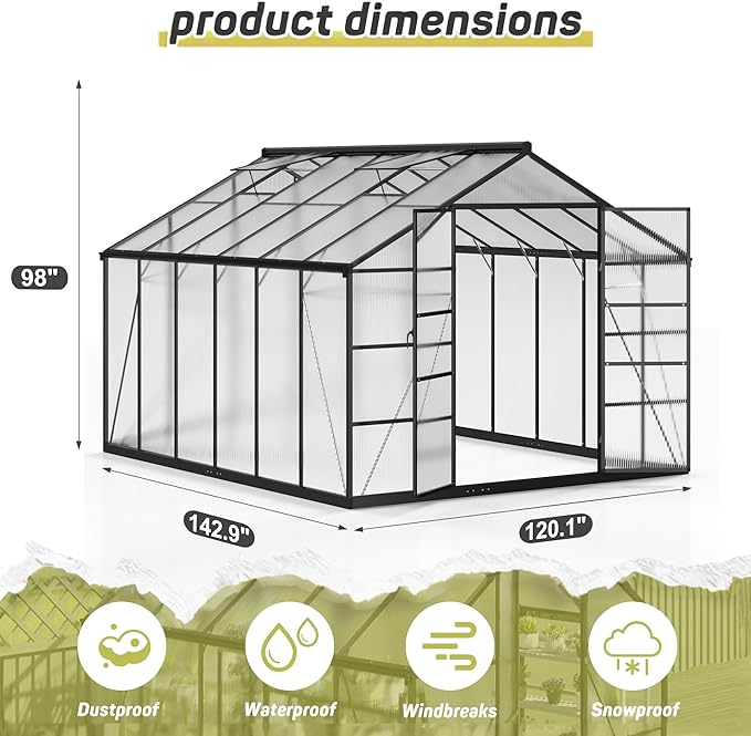 Polar Aurora 10x12 FT Greenhouse, Quick Aluminum Assembly Structure Polycarbonate Greenhouse, Walk-in Greenhouses for Outdoors with Ventilated Windows, Green Houses for Outside Backyard Garden