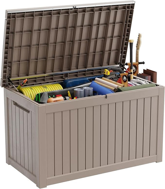 ROJIK Outdoor Storage Housing Deck Box - Waterproof Patio Furniture, Garden Tools, Cushions, Pool Accessories Storage Bench with Lockable Lid and Side Handles (Grey, 275 Gal)