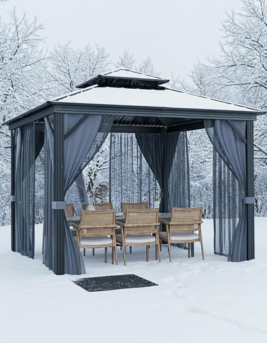 GarveeLife Hardtop Gazebo 10 ft x10 ft for All Weather, with Double Metal Roof, Aluminum Alloy Frame, Net, and Curtain, Permanent Building for Patio, Deck, Backyard, Lawn, and Garden