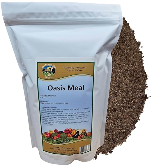 Oasis Meal 4 pounds Organic Nitrogen Fertilizer | Natural Blend of Feather, Bone & Blood Meal Mix for Vegetables, Trees, Shrubs & Gardens - Lancaster Agriculture Products