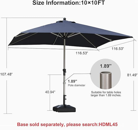 PURPLE LEAF 10' x 10' Square Patio Umbrella, Alumimum Outdoor Market Umbrella with 3 Year Fade Resistant, Pool Umbrella for Deck Garden, Patio, or Poolside, Lawn