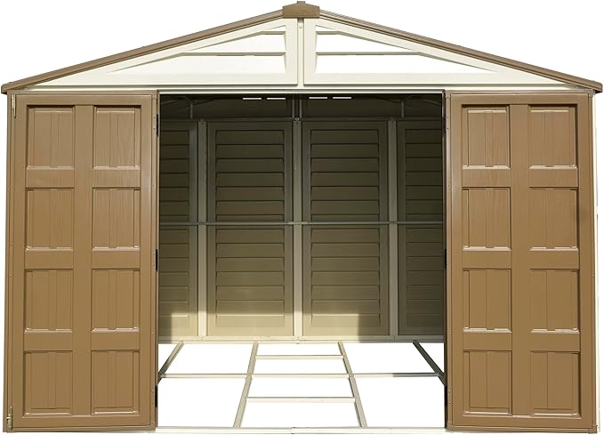 Duramax Woodbridge Plus 10.5 x 8 (8.02 m2) Plastic Garden Shed with 1 Fixed Window & Metal Foundation Kit, Strong Metal Roof Structure Fire Retardant and Maintenance-Free Storage Shed - Ivory/Brown