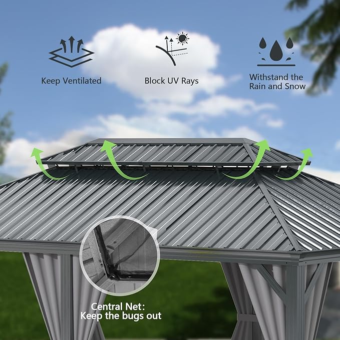 Domi 11x13FT Outdoor Gazebo, Hardtop Gazebo with Galvanized Steel Double Roof, Metal Gazebos with Drainage System Patio Pergola for Patio Deck Backyard,Curtain and Netting,Gray