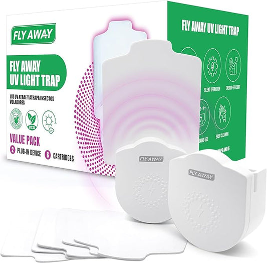 Fly Away 2 Pack UV Light Insect Trap with 6 Refills – Indoor Plug-in Trap for Fruit Flies, Gnats, Mosquitoes, and Moths – Silent, Non-Toxic Pest Control – 395nm UV Light for Maximum Attraction