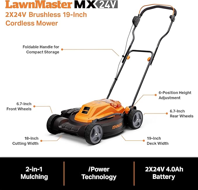LawnMaster CLMF4819X 19-inch Brushless Cordless Lawn Mower with 2X24V MAX* 4.0Ah Battery and a Dual Charger 6 Cutting Position