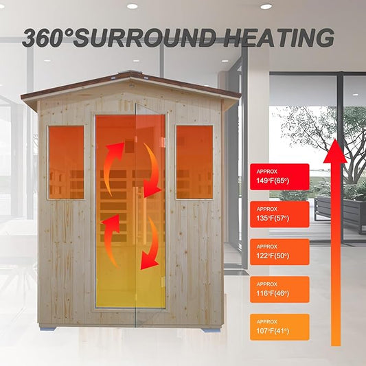 Outdoor Infrared Sauna 4 Person, Spruce Wooden Large Sauna 240V 2600W Heaters Panels with LCD Display Control Multi Color Light Strip Bluetooth Speaker Oxygen Bar