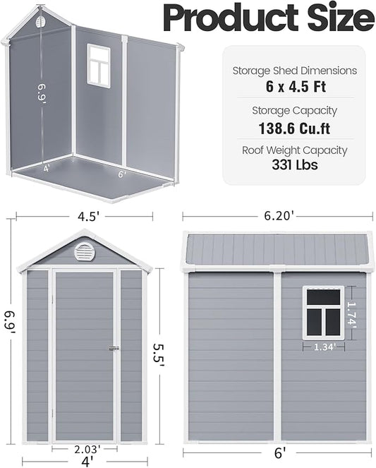 6x4.5 FT Plastic Sheds & Outdoor Storage, UV Resistant Storage Sheds Outdoor with Floor and Window, All-Weather Garden Resin Tool Shed for Lawn Mower, Yard Tools, Bike, Light Grey