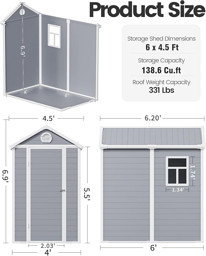 6x4.5 Resin Outdoor Storage Shed with Enhanced Roof Runoff & Floor, Secure Hidden Screws Design, Durable Build for Deck, Pool Supplies, and Versatile Storage, Aritic Light Grey