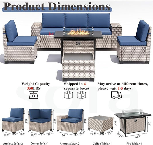 7 Pieces Patio Furniture Set with Fire Pit Table, Outdoor Sectional Wicker Sofa with Thickened Cushions and Coffee Table, High Back Rattan Patio Conversation Sets, Navy