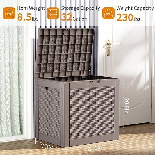 32 Gallon Outdoor Storage Box, Large Resin Deck Box for Patio Cushions, Garden Tools, Pool Accessories, Waterproof and Lockable Design, Storage Bench for Backyard & Deck(Gray)