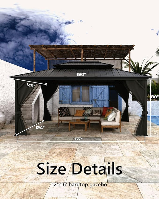 GarveeLife Hardtop Gazebo 12 ft x16 ft for All Weather, with Double Metal Roof, Aluminum Alloy Frame, Net, and Curtain, Permanent Building for Patio, Deck, Backyard, Lawn, and Garden