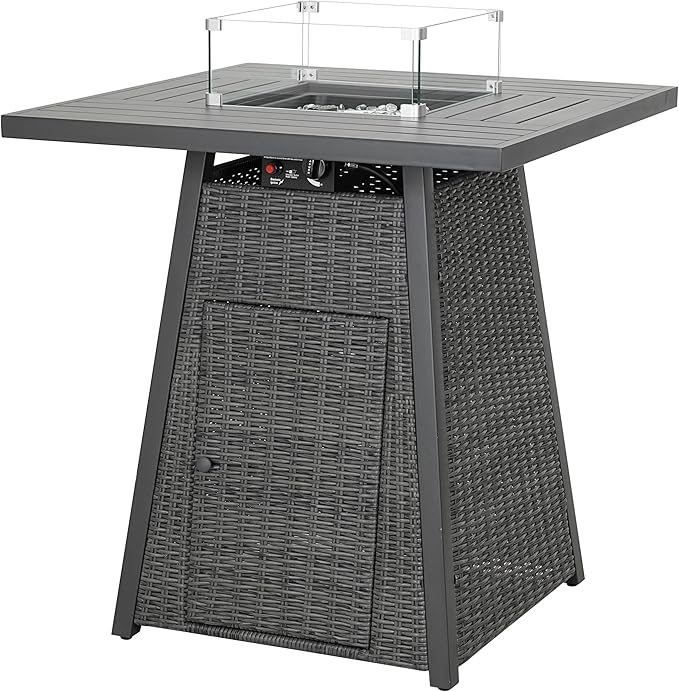 38" Outdoor Propane Fire Pit Table, 50000 BTU Gas Fire Table with Premium Metal Tabletop, Wicker Fire Pit w Rain Cover and Glass Wind Guard for Backyard,Garden,Patio