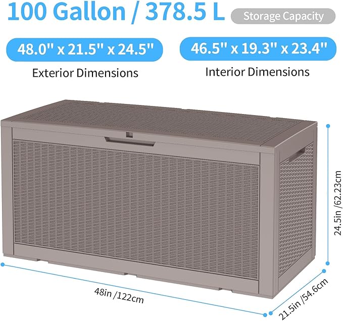 ROJIK Outdoor Storage Housing Deck Box - Waterproof Patio Furniture, Garden Tools, Cushions, Pool Accessories Storage Bench with Lockable Lid and Side Handles (Grey 100 Gal)