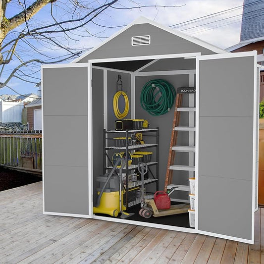 Resin Storage Shed 6x5ft?Outdoor Storage Sheds with Floor, HD Window, Lockable Doors and Vents, Tool Shed for Bike, Garden, Backyard,Lawn, All Weather Use (Grey, 6 * 5ft)