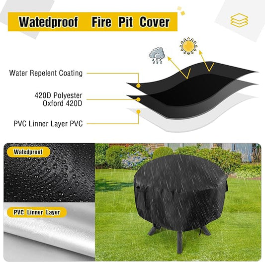 POMER Fire Pit Cover-600D Fire Table Cover Round 36 Inch Outdoor,Waterproof Firepit Covers Round Outdoor with Vents and Buckles-36" D x 20"H