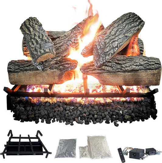 24" Premium Gas Logs - Remote Control Kit Included - for Natural Gas Vented Fireplaces - Blazing Oak Design (Logs + Remote Light Kit)
