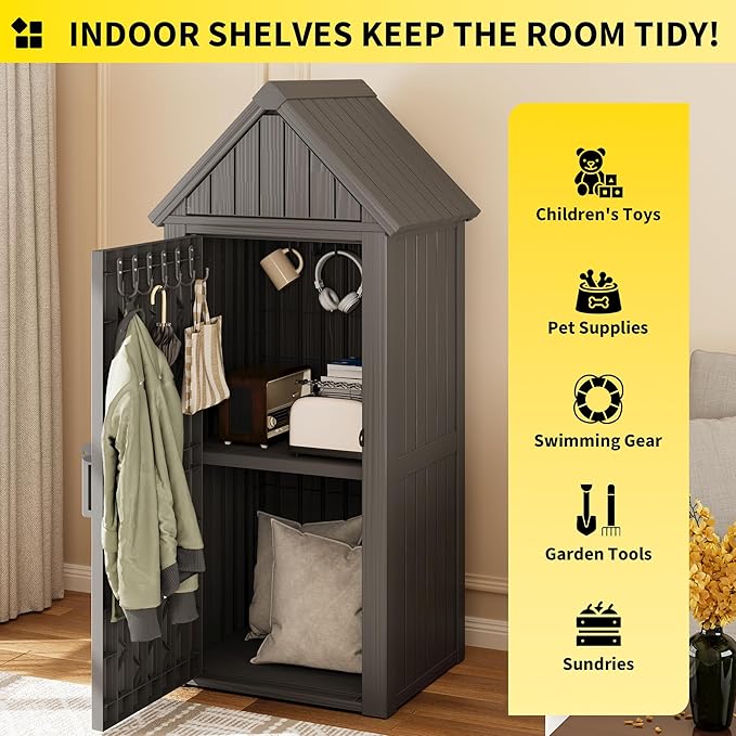 Fancyango Outdoor Resin Storage Shed, Upgrade Sturdy Storage Cabinet with Removable Shelves and Lock Ring, Reinforced Floor, All-Weather Construction for Garden Patio Lawn (Gray)