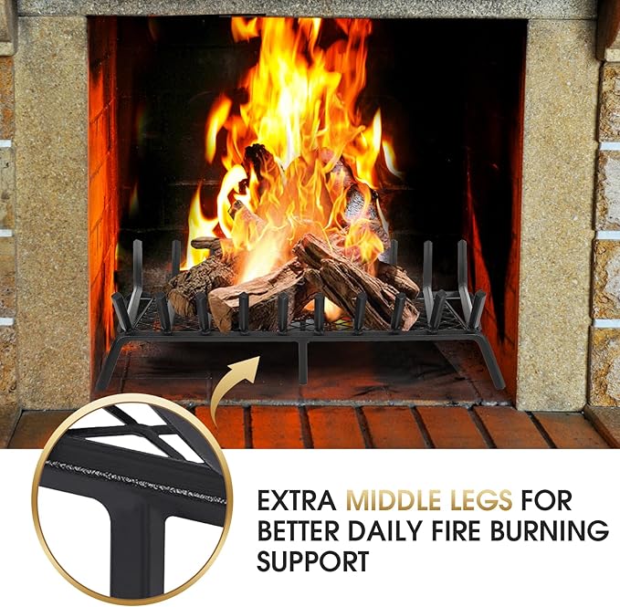 G GOOD GAIN Fireplace Grate with Ember Retainer, 32in Heavy Duty Steel Indoor, Chimney Hearth Wood Stove Burning Rack Holder,1/2 Bar Fire Place Asseccories for Outdoor, Fire Pits, Camping.