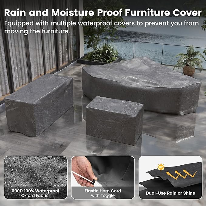 UDPATIO Patio Furniture Set with Fire Pit Table, 8 Inch Armrest Outdoor Sectional Sofa, 9 Piece Wicker Outdoor Furniture Conversation Sets with Waterproof Cover for Backyard Deck(Brown/Dark Grey)