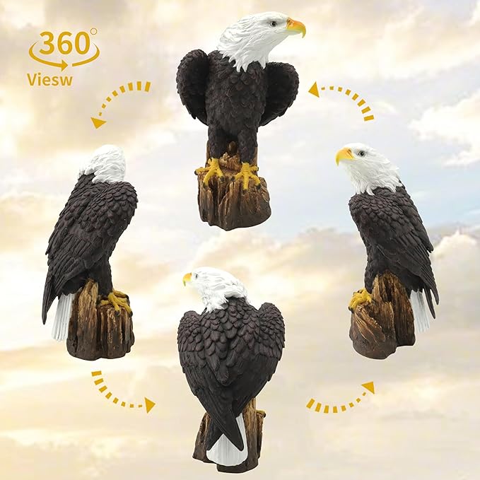 VV-Ladybug Garden Sculpture Hand-Painted Bald EagleResin Statue 14.2 Inch Tall with Stump Base Realistic Feather Texture & Vivid Postures for Home Office Yard Ornament