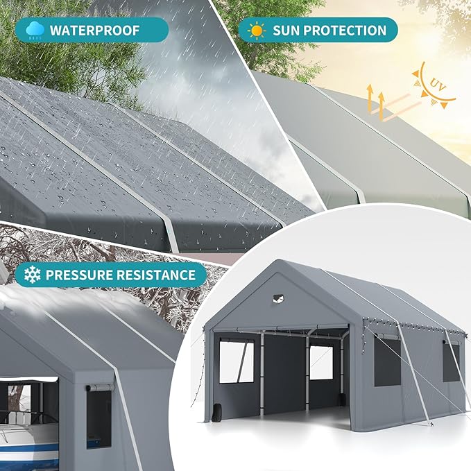 12x20FT Heavy Duty Carport Canopy,Extra Large Portable Car Tent Garage with Roll-up Windows and All-Season Tarp Cover,Removable Roof&Side Walls for Car,SUV,Boats&Truck Shelter Logic Storage