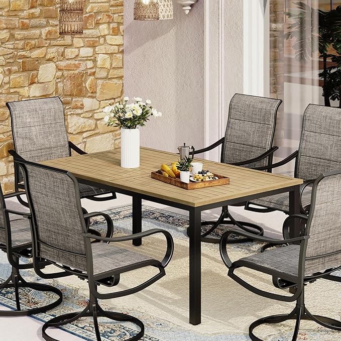 MFSTUDIO Outdoor Patio Dining Table for 6, Rectangle Metal Patio Table 64"x38" Wood-Like Tabletop with Adjustable Umbrella Hole for Deck,Backyard,Lawn,Garden