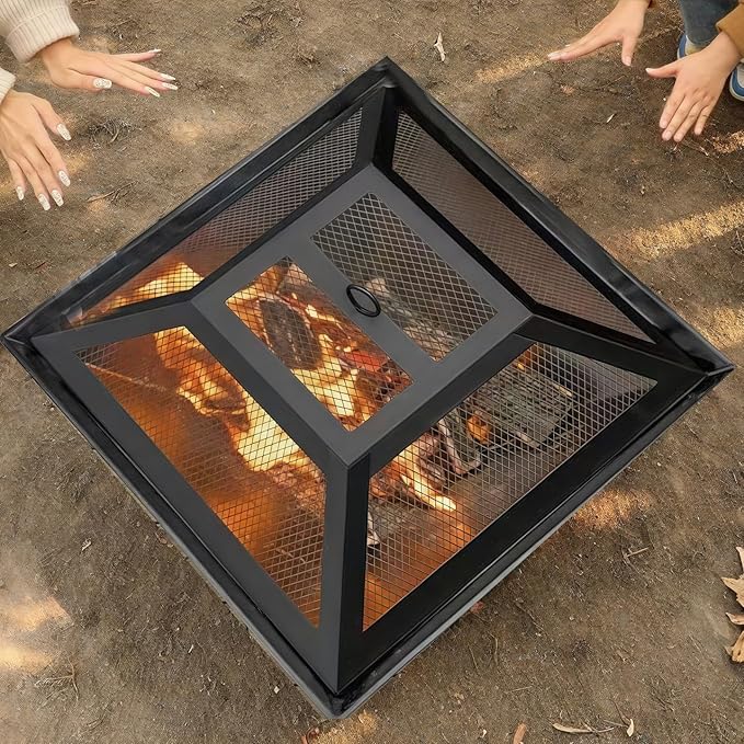 Outdoor Fire Pits for Outside Wood Burning Table Fire Pit with Spark Screen Cover, Fire Bowls Backyard Fire Pit with Fire Poker for Camping Beach (Black, 18.5 Inch)