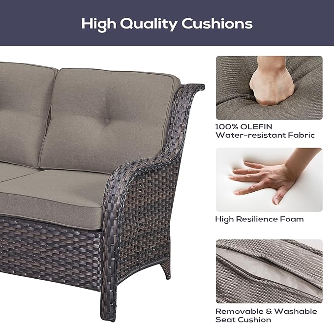Belord Outdoor Furniture Sectional Sofa L Shaped Couch - Patio Wicker Set with 2 Swivel Glider Chairs, 5 Piece Rattan Patio Conversation Sets with Gray Cushion for Deck Backyard Sunroom