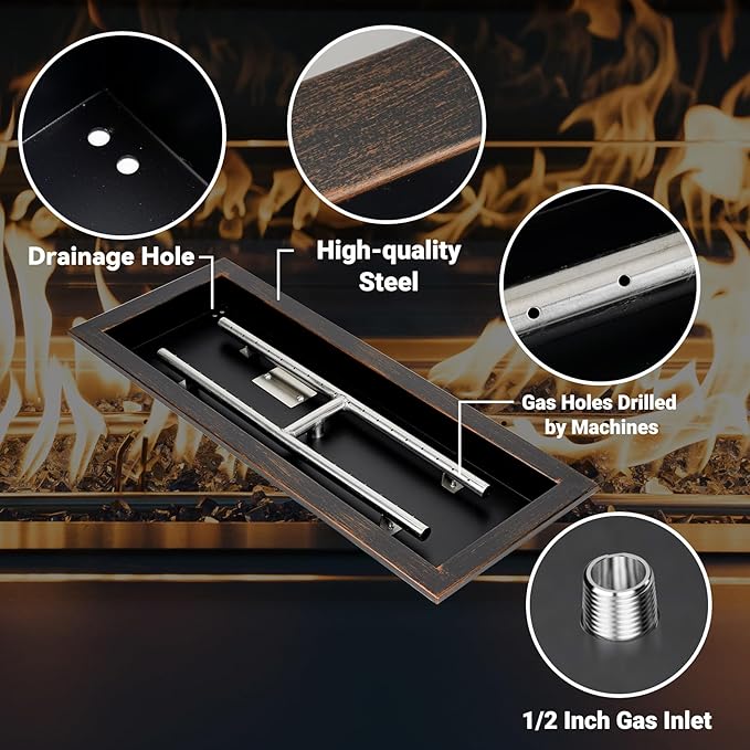 Skyflame 24 x 8 Inch Rectangular Fire Pit Pan Kit, Black Drop-in Fire Pit Pan and Burner, Come with Spark Ignition and Propane Hose, Indoor/Outdoor Fire Table DIY Decorative