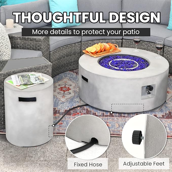 SUNSITT Outdoor 36’’ Propane Fire Pit with Tank Table 50,000 BTU Round Patio Propane Firepit Table with Tank Holder, Pit Cover, Metal Lid & Fire Glass, Grey Finish