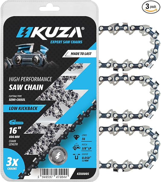 16 Inch Chainsaw Chain 3/8" LP Pitch, 050" Gauge, 56 Drive Links, fits Husqvarna, Greenworks, Craftsman, Poulan, Homelite, Makita, Jonsered, Echo, 91pj056x, 713-05276, 2904302 and more (3 Chains)