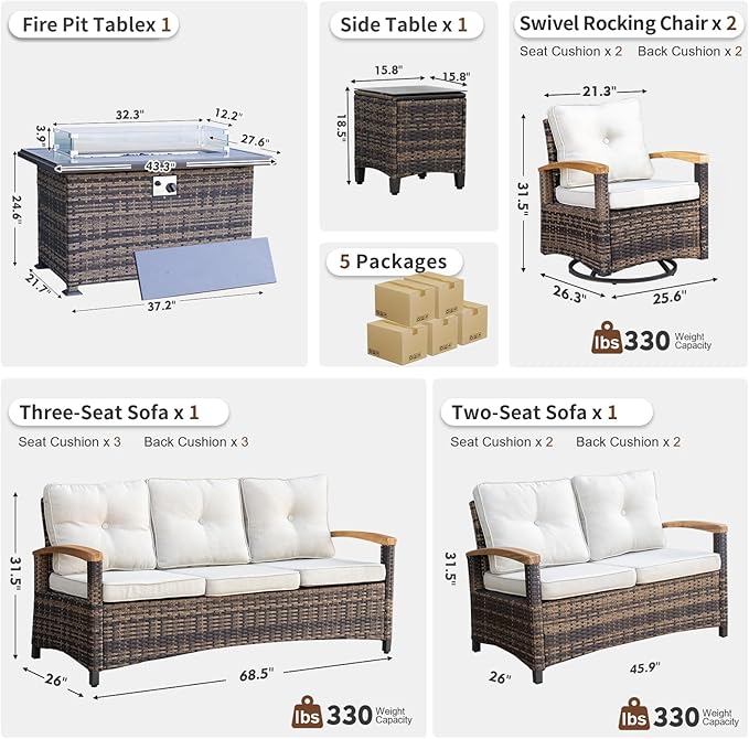 MEISSALIVVE 6 Pieces Patio Furniture Sets with Fire Pit Table, Wicker Outdoor Conversation Sets with 2 Swivel Rocker Chairs, 2 Sofas and Side Table(Brown)