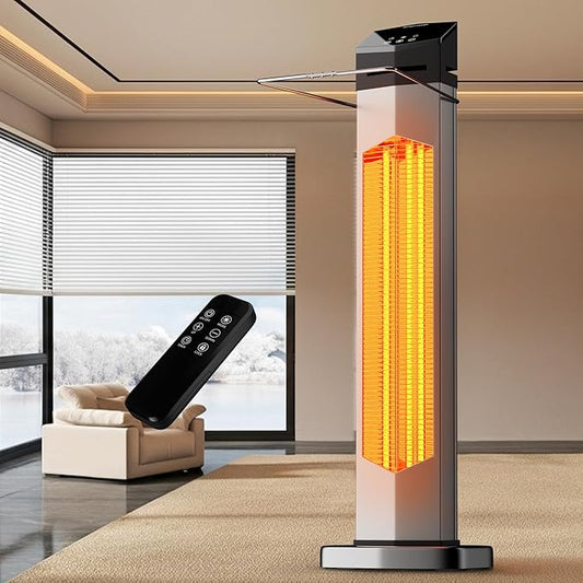 AKIRES 37IN Outdoor Electric Patio Heater,Portable Infrared Heaters With Remote,IP54 Waterproof Tower Space Heater,12H Timer,Large Room Heater for Garage Backyard Porch Balcony Shop Patio,Silver