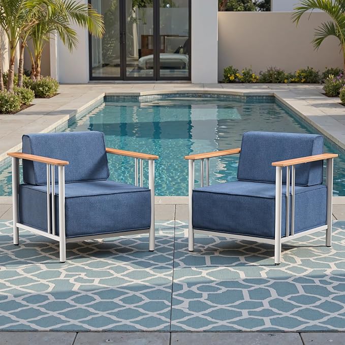 Luxury Patio Chairs Set of 2 with 10" Extra Thick Cushions, Outdoor Furniture with Rustproof Metal Frame and Olefin Fabric, Outdoor Patio Chairs for Porch, Balcony, Deck, Yard, White/Blue