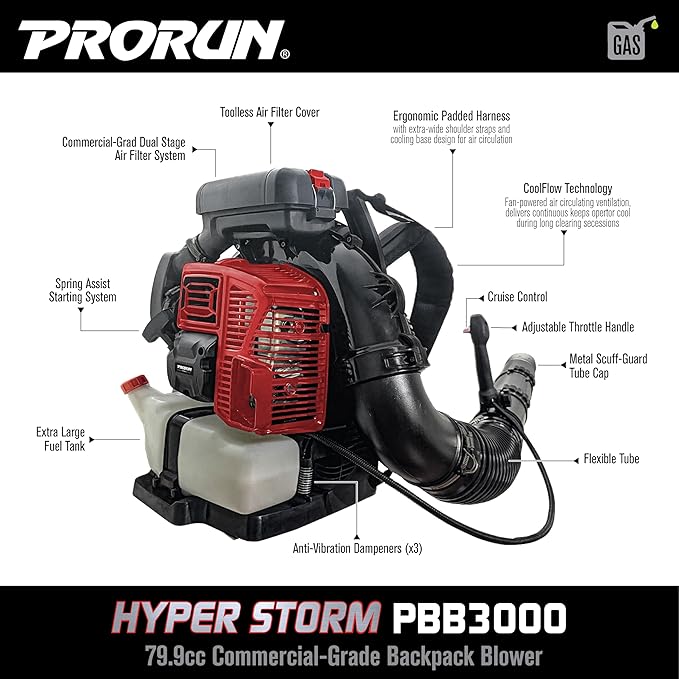 PRORUN PBB3000 Gas Backpack Leaf Blower, 79.9cc Commercial-Grade, 250 MPH, 1125 CFM, 50N