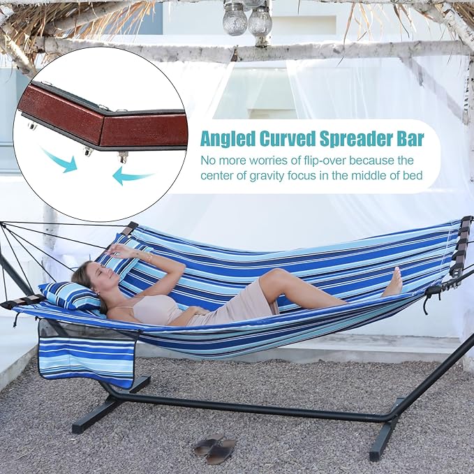 TegerDeger 12FT 2 Person Hammock Large Hammock 450LB Capacity with V Shaped Hardwood Spreader Bar & Nylon Rope for Outside, Patio, Garden, Backyard, Beach, Poolside - Blue Stripes