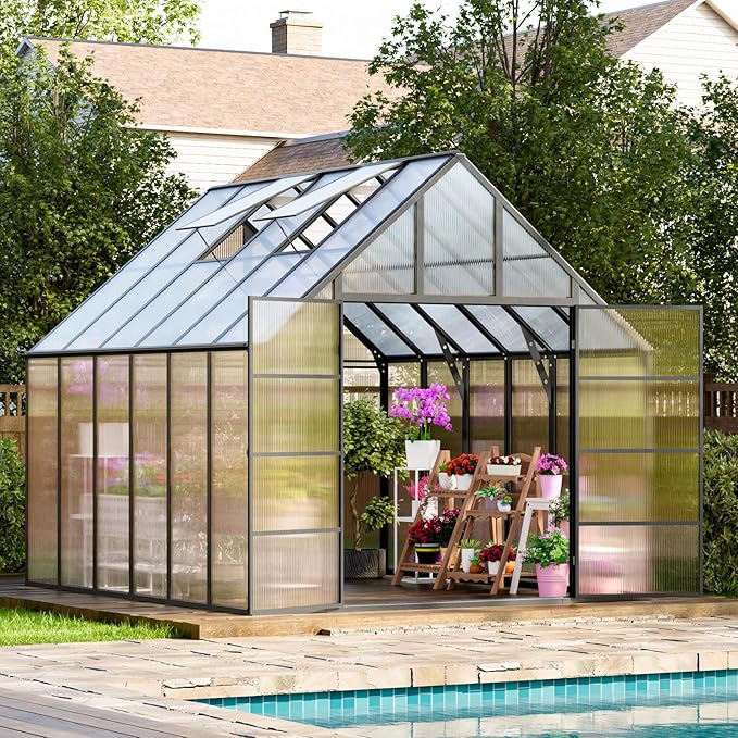 12x10x10 FT Outdoor Greenhouse, Easy Assembly Large Aluminum Polycarbonate Kit, 2 Vent Windows, Swing Door, Walk-in, for Outside, Sunroom, Backyard, Garden