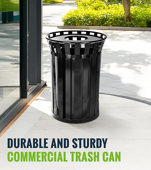 Alpine Industries 38 Gallon Commercial Outdoor Metal Trash Can, Open Top with Lid & Liner (Black)