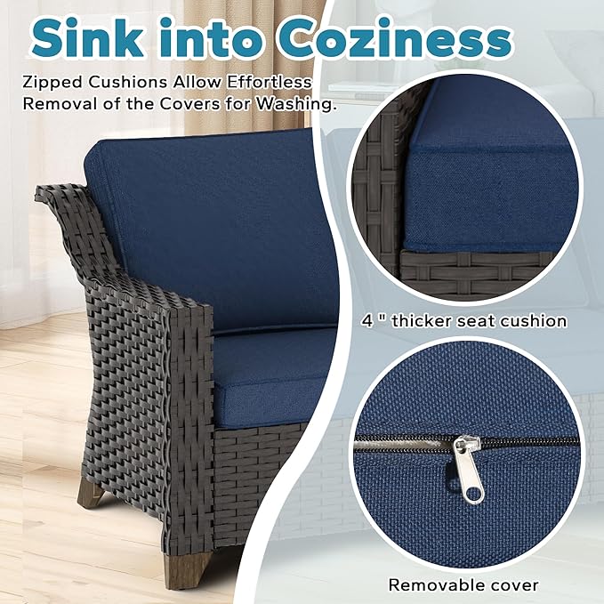 4 Pieces Outdoor Conversation Furniture Set - 77" Patio Sofa, 2 Wicker Armchairs, 1 Metal Coffee Table, Patio Wicker Furniture Set with Water-Resistant Cushions for Sunroom (Navy Blue)