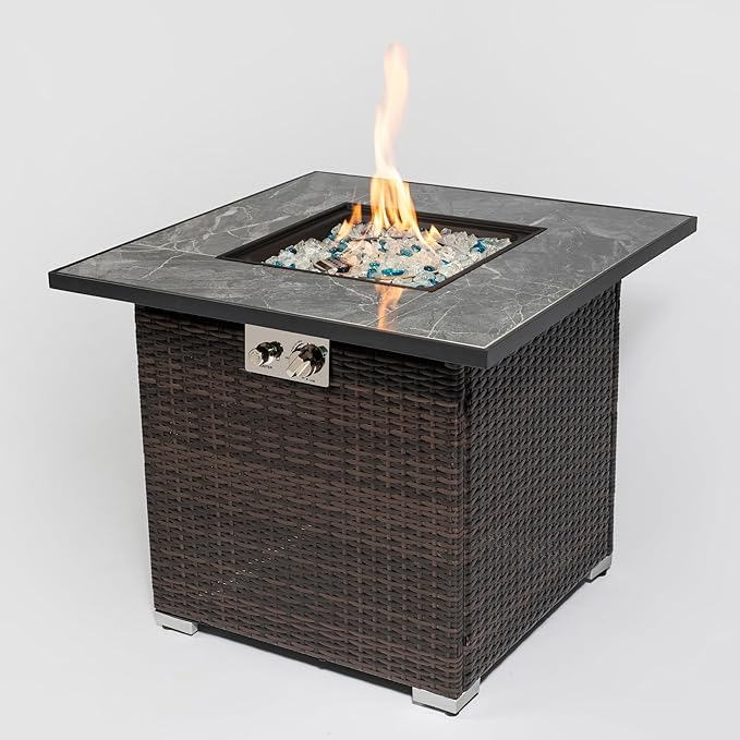 Propane Fire Pit Table, 30 Inch Wicker Firepits for Outside, Square Gas Fire Pit for Outside Patio, Propane Fire Table for Patio, Backyard, Pool, 40,000 BTU, Tank Inside, Espresso Color