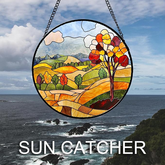 QZQCBLC Stained Glass Window Hanging Orange Mountains Trees Farm Landscape 7.8" - Suncatcher Door Garden Sun Catcher Home Decor Birthday Christmas for Mom Men Woman Friend