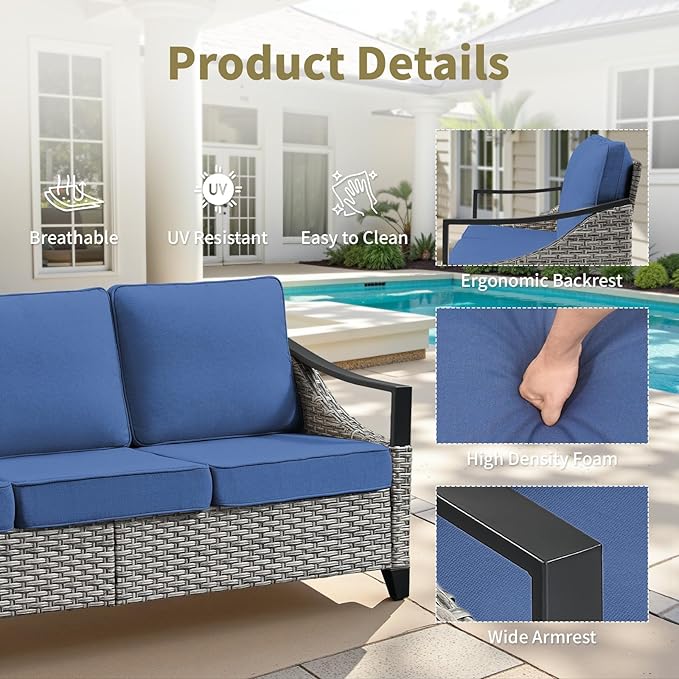 Wicker Outdoor Patio Furniture Set - 9 Pieces Patio Conversation Sets with Wicker Swivel Rocker Chairs, Deep Seat Sectional Sofa with Thick Cushions Ottomans for Porch Balcony Deck Gray/Blue